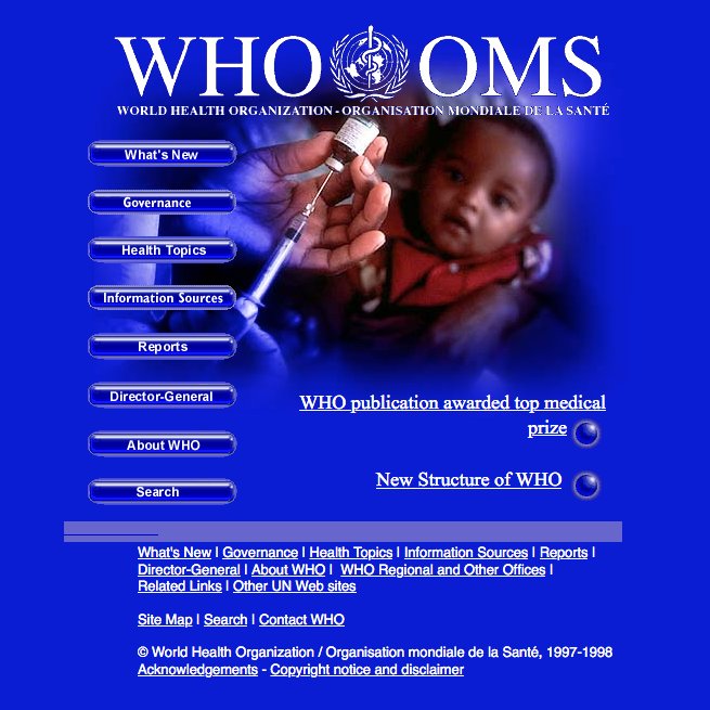 WHO website homepage in 1998